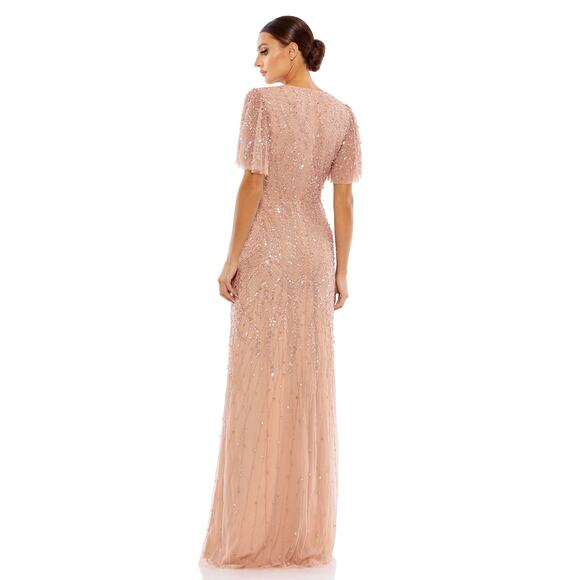 Mac Duggal 35109 Surplice Bodice Embellished Gown Flutter Sleeve Nude Size 8 - Picture 3 of 11